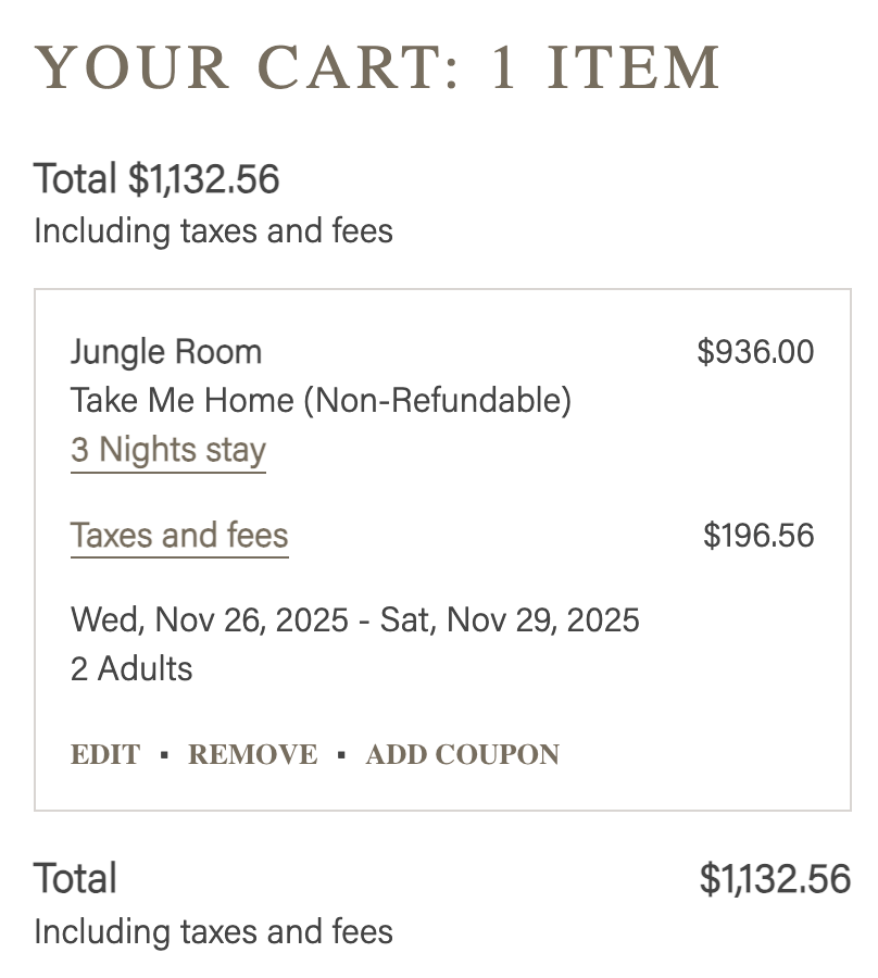 Booking summary for booking direct with the hotel