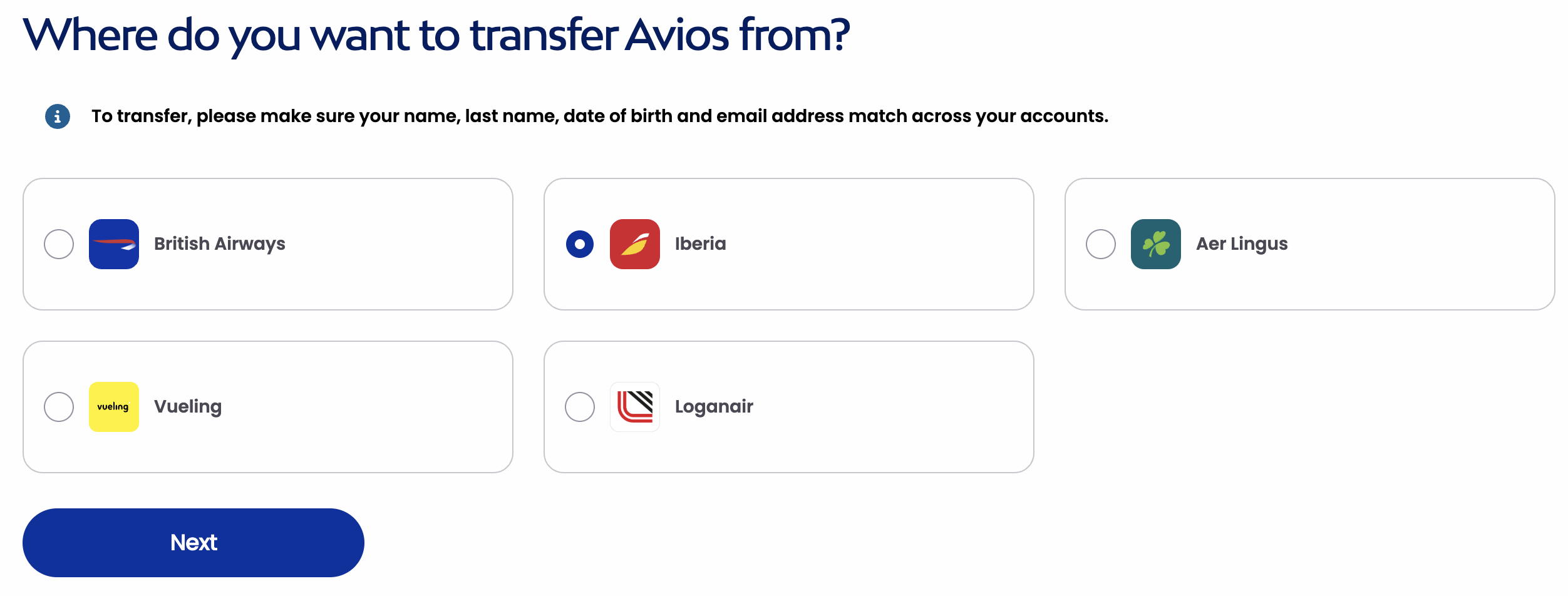 A screenshot showing an option to transfer Avios from British Airways, Iberia, Aer Lingus, Vueling, and Loganair