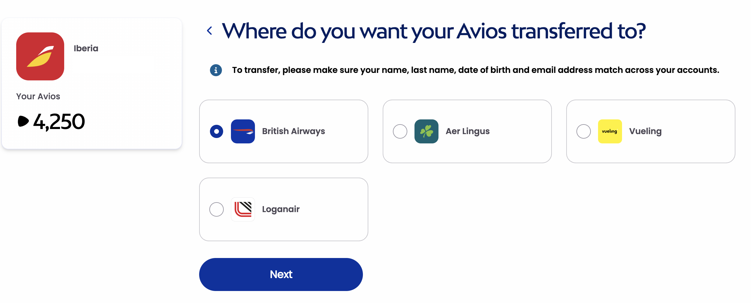 A screenshot showing the option of transferring Avios from Iberia to British Airways, Aer Lingus, Vueling, and Loganair