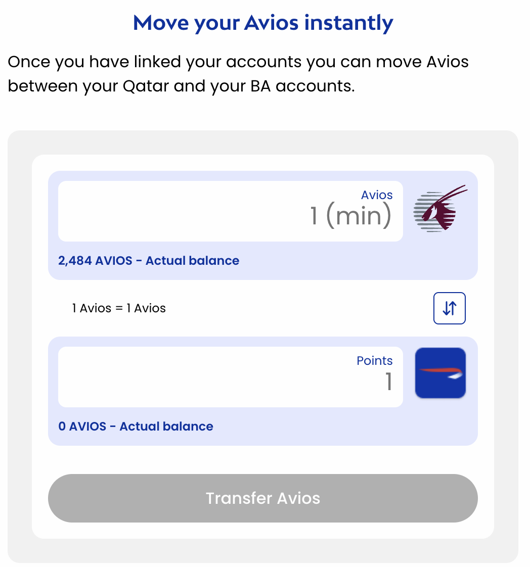 A screenshot of the Qatar and British Airways Avios transfer portal