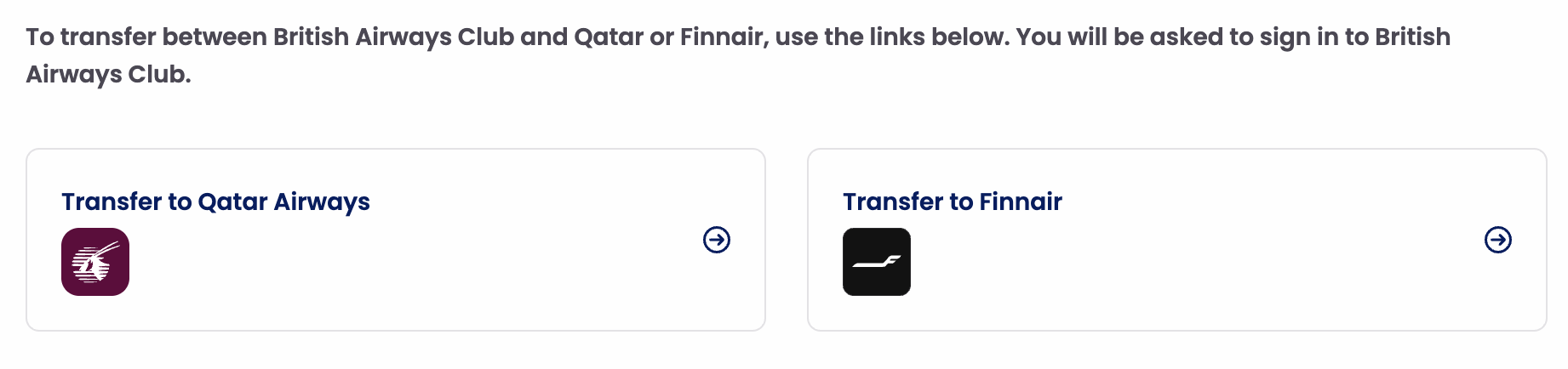 A screenshot of the transfer Avios page