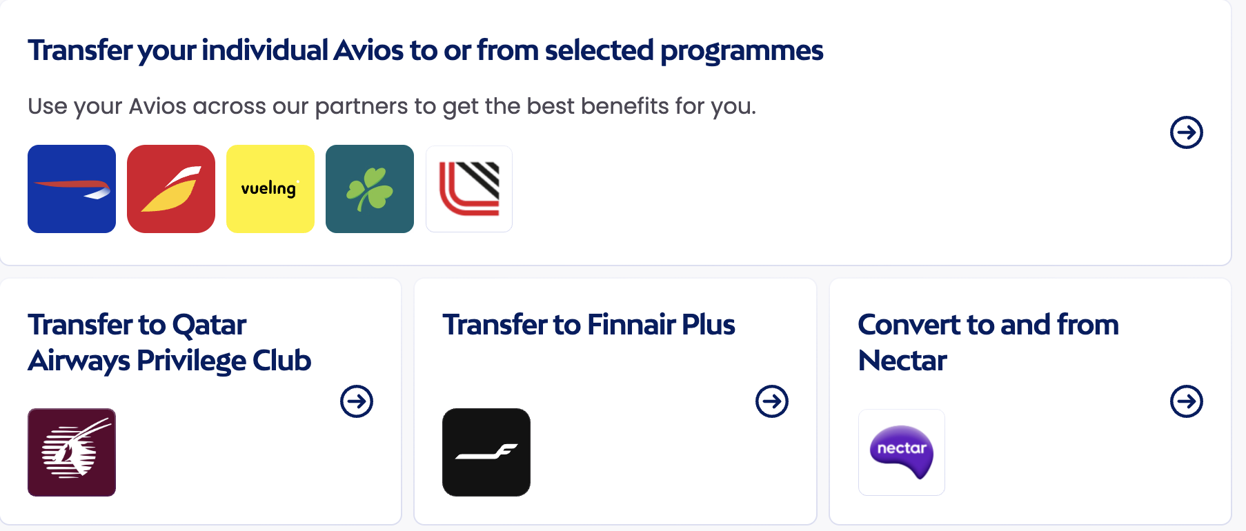A screenshot of the Avios transfer options