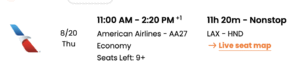 Black text on a white background with American Airlines flight information from LAX to HND