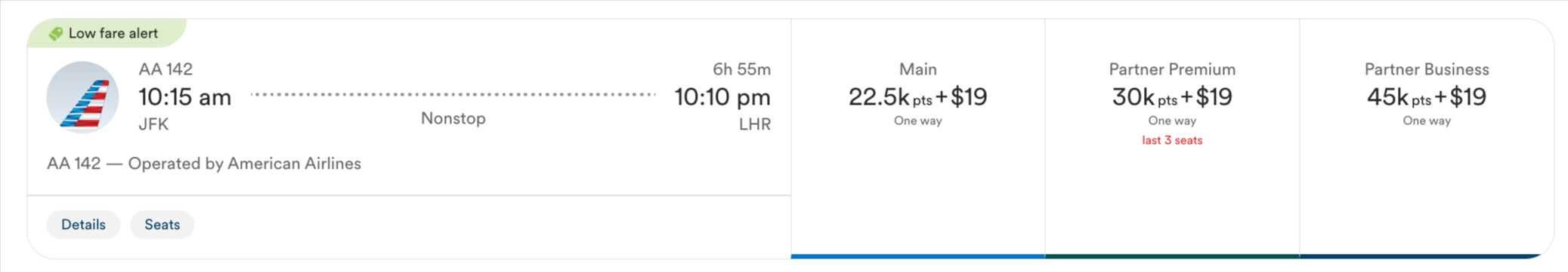 American Airlines flight from JFK to LHR booked with Alaska Airlines Atmos points