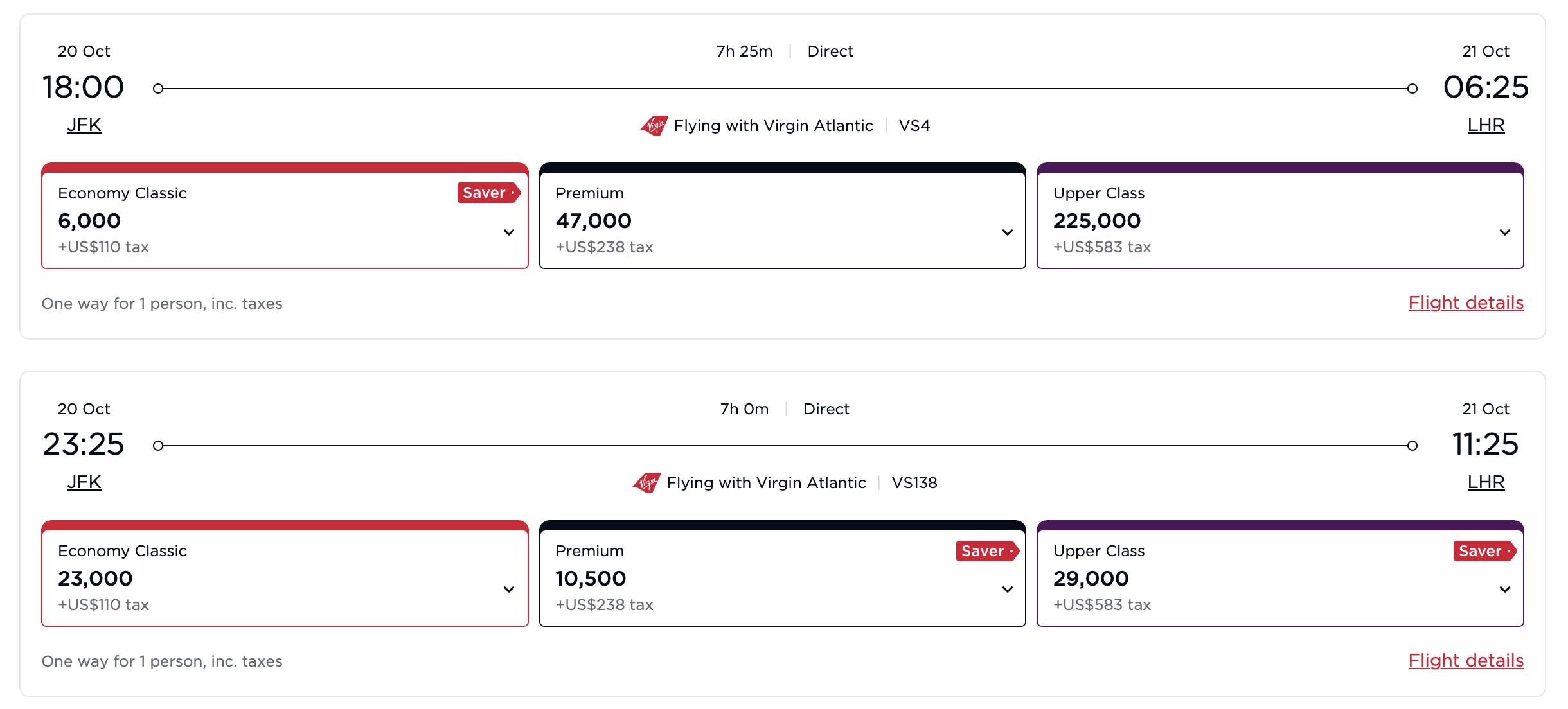 Virgin Atlantic awards from JFK to LHR