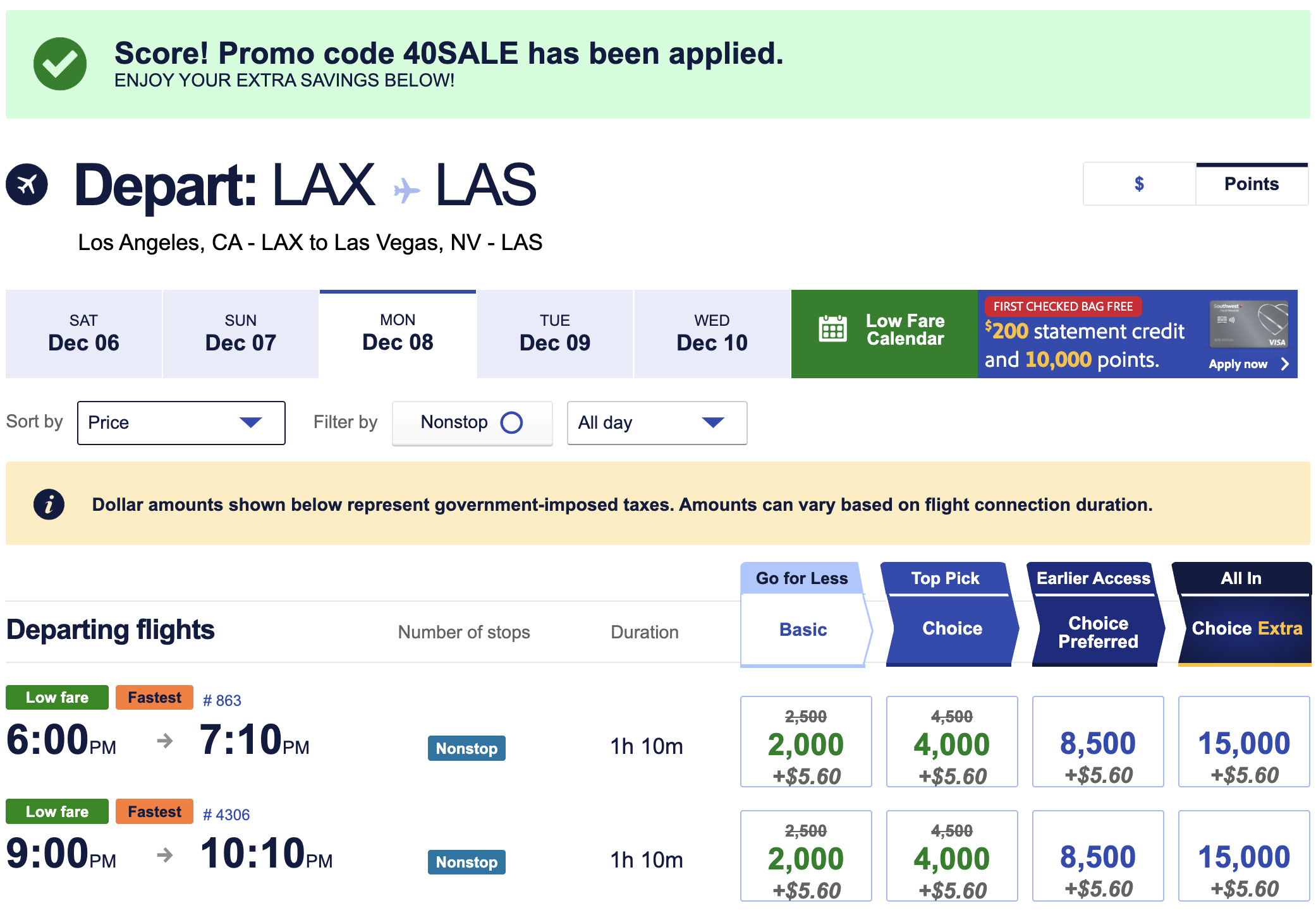 Discounted Southwest fare with 40SALE promo code applied.