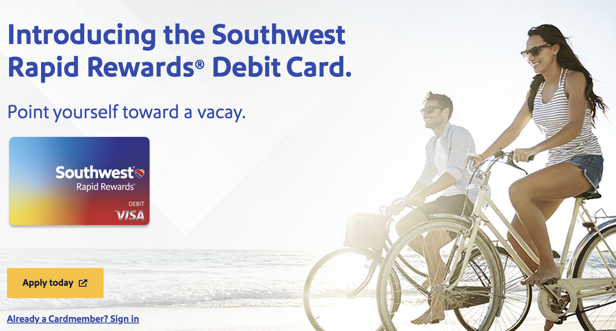 Southwest Airlines debit card landing page.