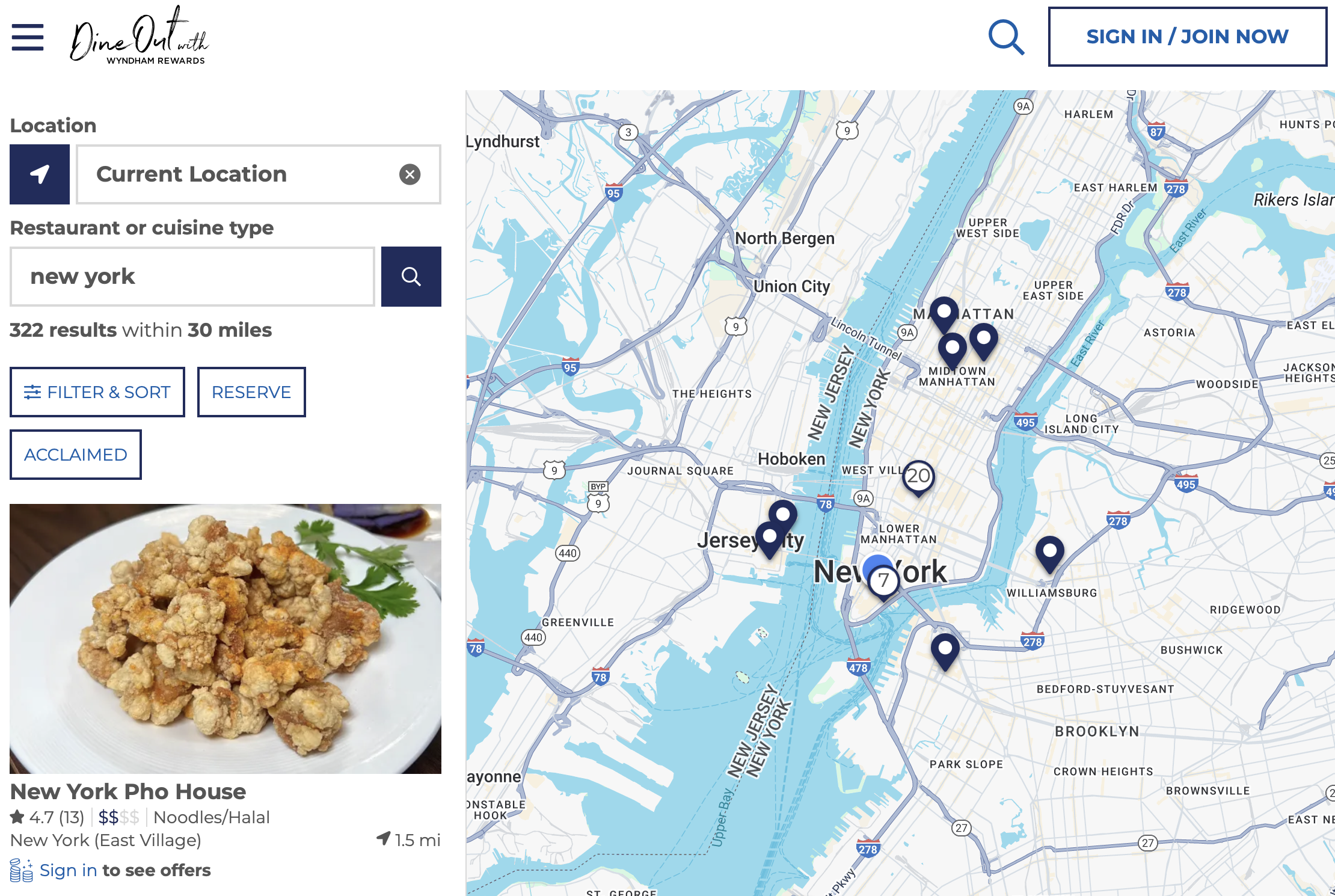 Wyndham Rewards map of venues in New York.
