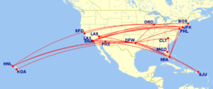 Map of all domestic routes where American Airlines is flying lie-flat seats in November 2025