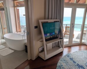 TV in an overwater villa at Baros Maldives