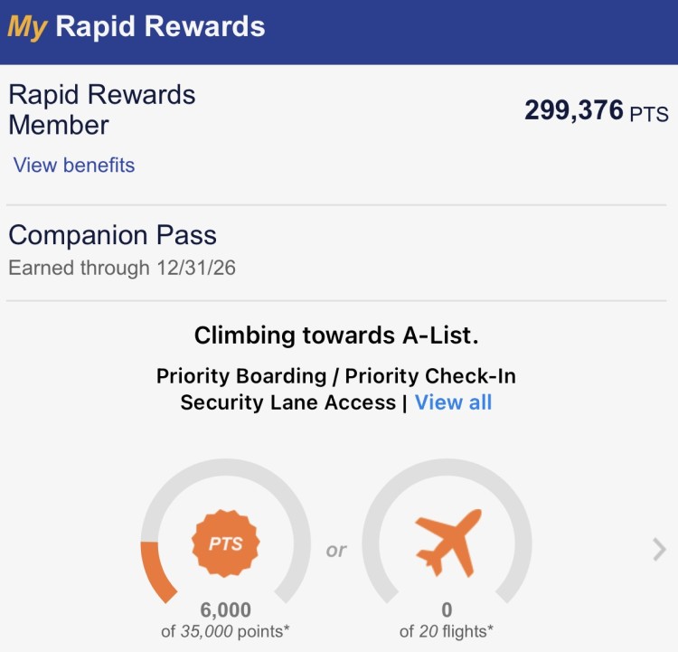 A screenshot shows an account that earned a companion pass on Southwest.