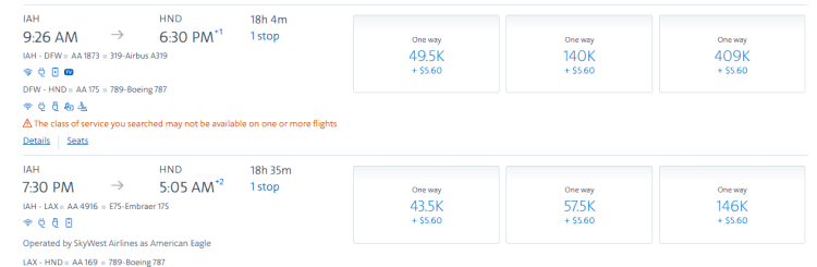 Screen Shots show a flight from IAH to HND on AA