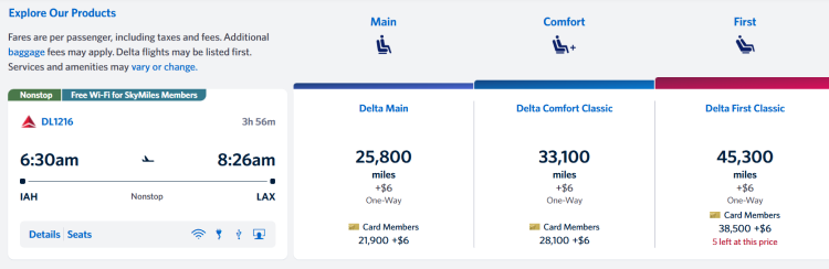 A screen shot of a flight bookable with Delta SkyMiles