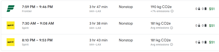 A screen shot from GoogleFlights shows flights from IAH to LAX