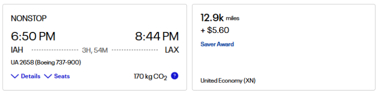 A screen shot from United.com shows flights bookable with points from IAH to LAX