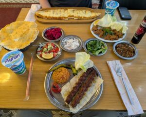 Kebab and pide meal at a restaurant in Istanbul, Turkey