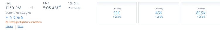 A screen shot shows a flight from LAX to HND on AA