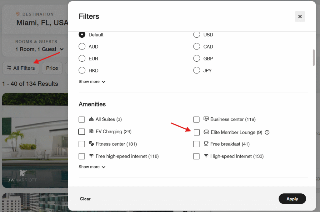 Marriott search filters for lounges