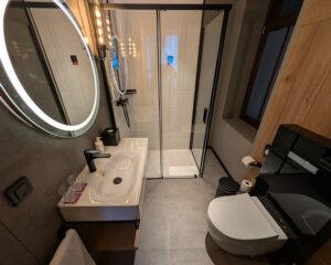 A guest room bathroom at Moxy Istanbul Beyoglu in Turkey