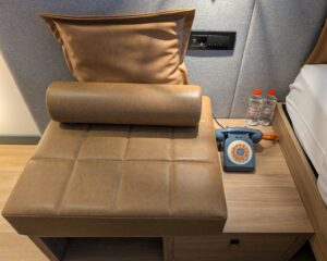 Sitting nook in a guest room at Moxy Istanbul Beyoglu in Turkey