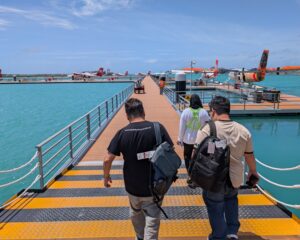 Boarding the sea plane for Six Senses Laamu in the Maldives