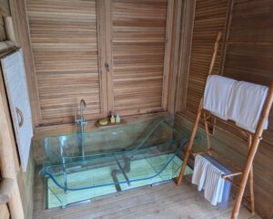 Glass botton bath tub at Six Senses Laamu in the Maldives