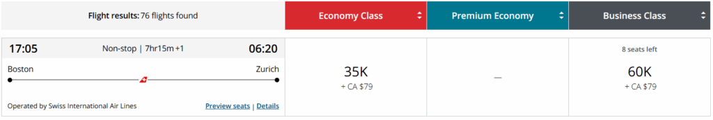 Booking Swiss Airlines through Air Canada