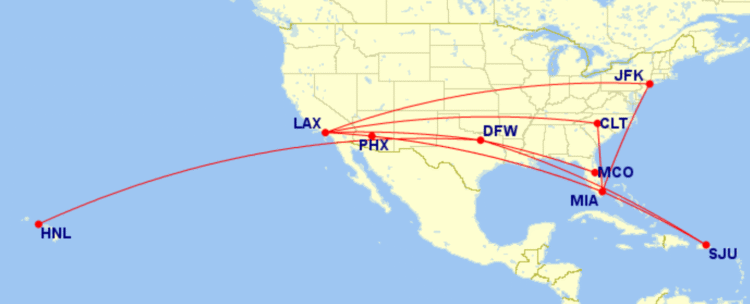 Map of domestic routes where American Airlines is flying lie-flat seats on its Boeing 777-200 aircraft in December 2025