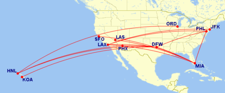 Map of domestic routes where American Airlines is flying lie-flat seats on its Boeing 787-8 aircraft in December 2025