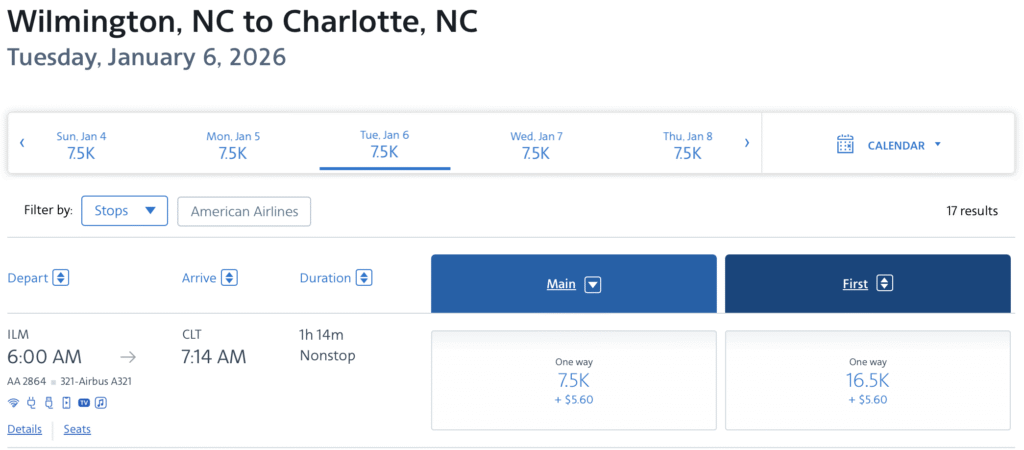 Wilmington to Charlotte award rates through American Airlines AAdvantage