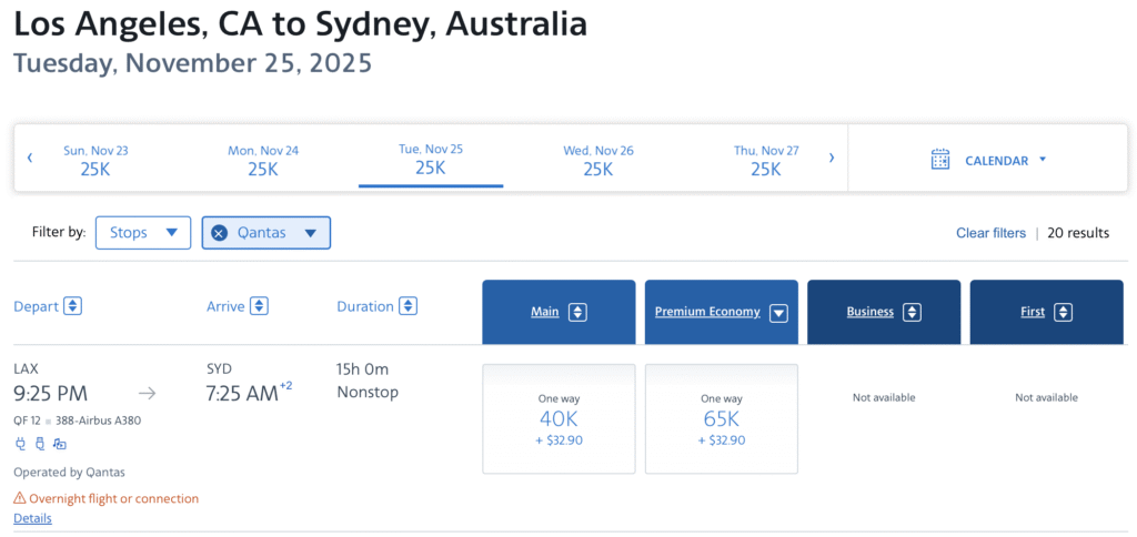 Los Angeles to Sydney award rates through AAdvantage.