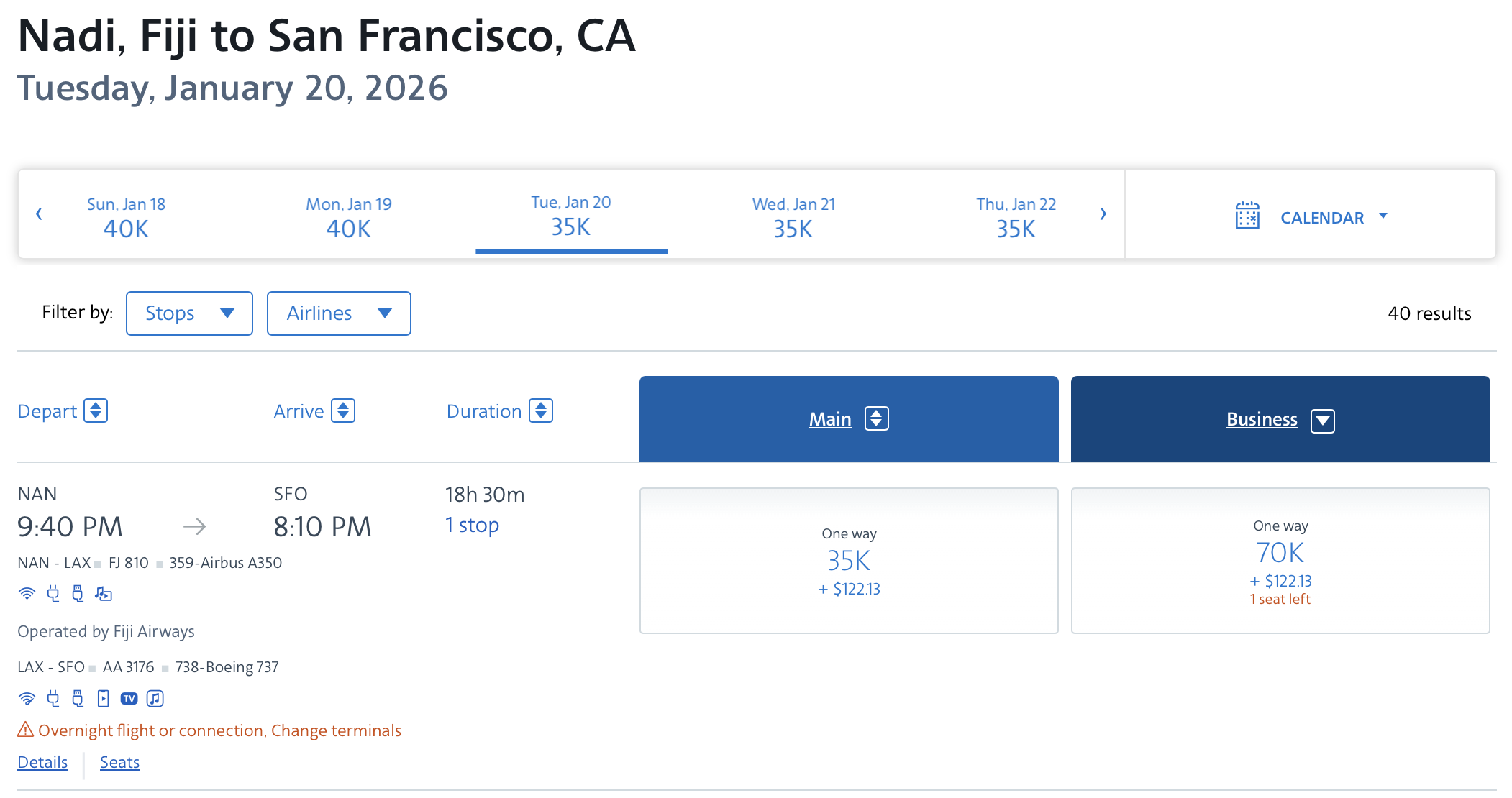 AAdvantage award from NAN to SFO.