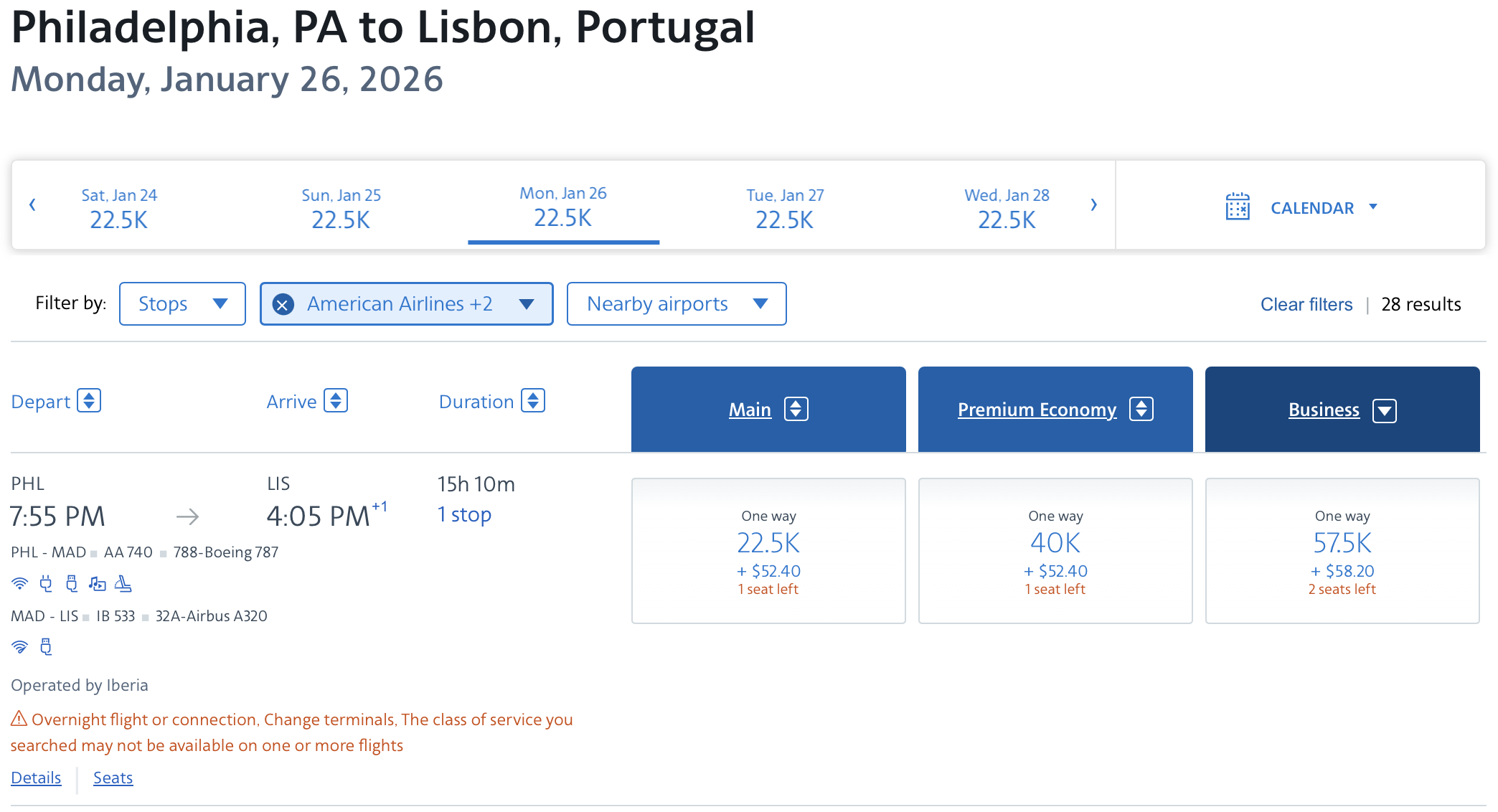 American Airlines award from PHL to LIS via MAD.