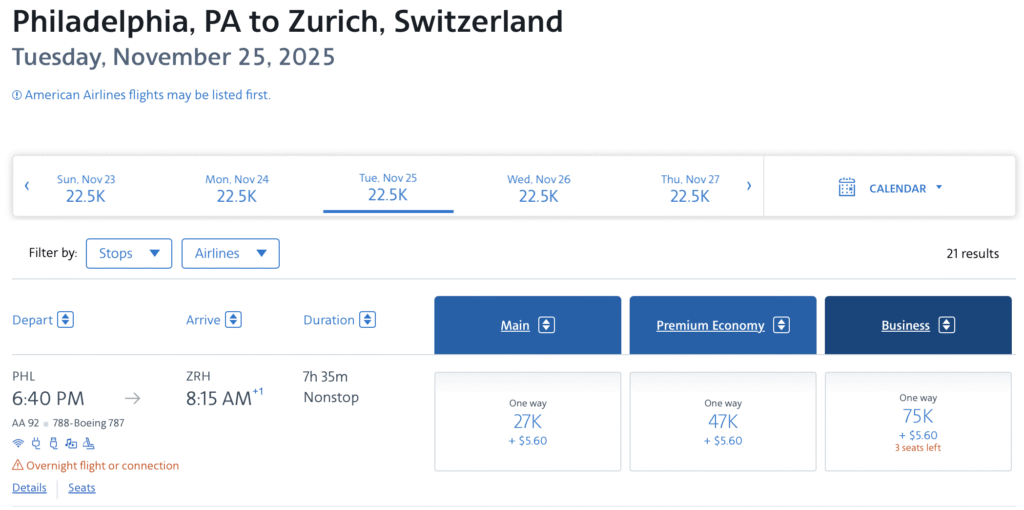 Philadelphia to Zurich award rates through American Airlines AAdvantage.