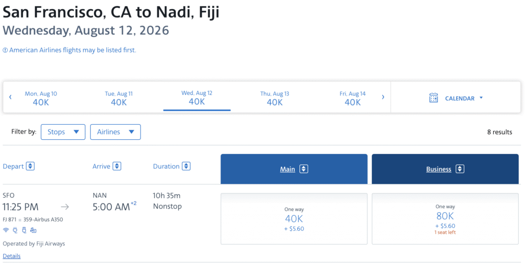 San Francisco to Nadi, Fiji award rates through AAdvantage.