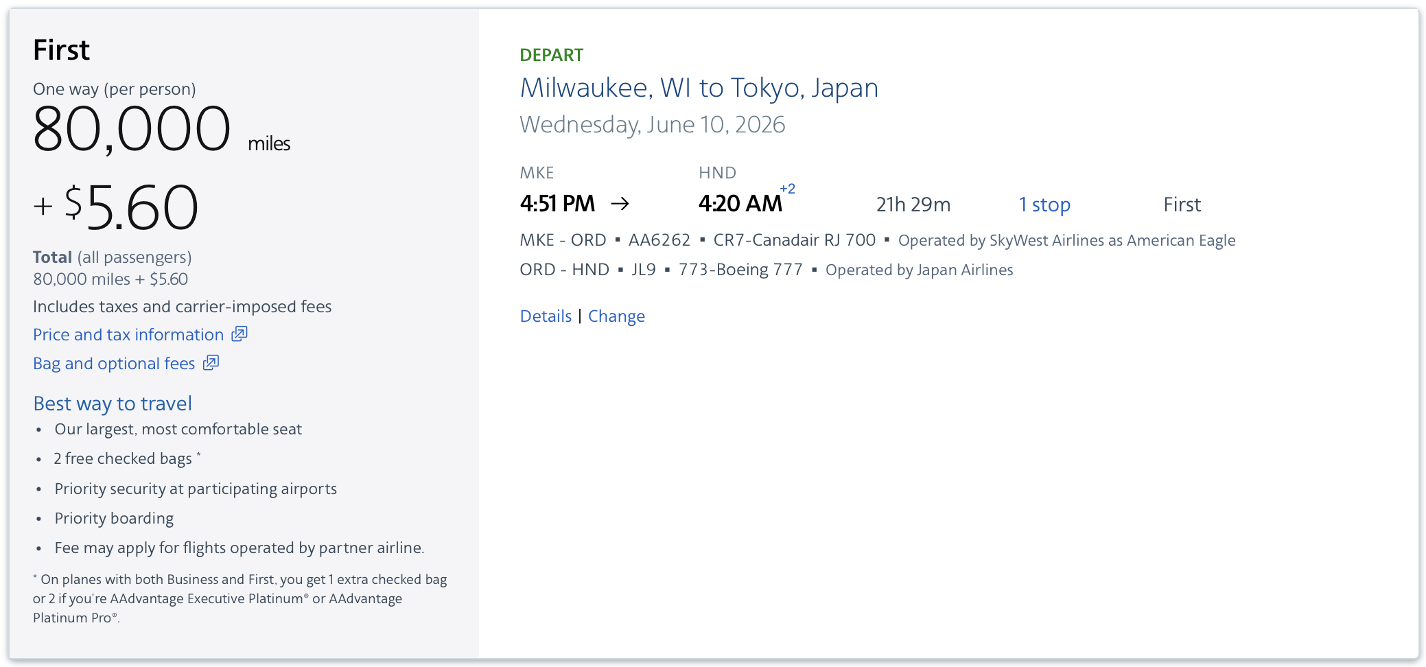 Japan Airlines First Class award from ORD to NRT via AAdvantage.