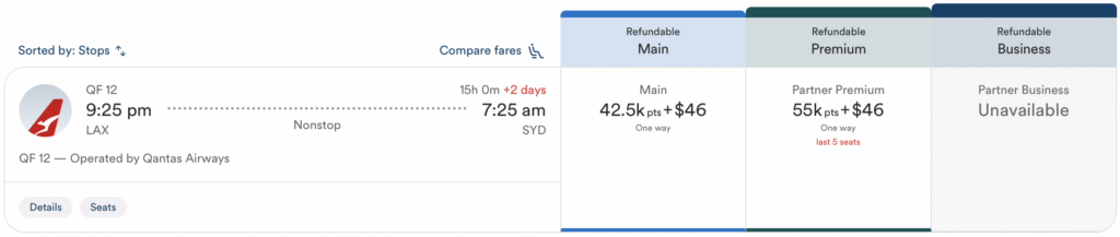 Los Angeles to Sydney award rates through Atmos Rewards.