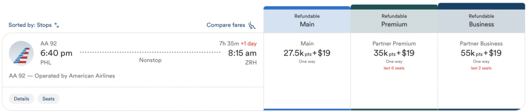 Philadelphia to Zurich award rates through Atmos Rewards