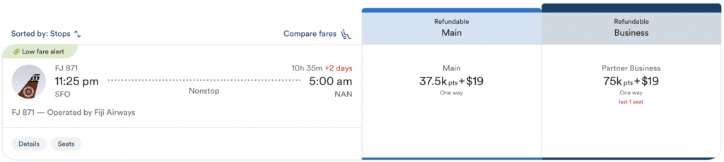 San Francisco to Fiji award rates through Atmos Rewards.