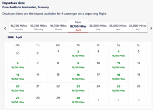 Flying Blue award calendar from Austin to Amsterdam