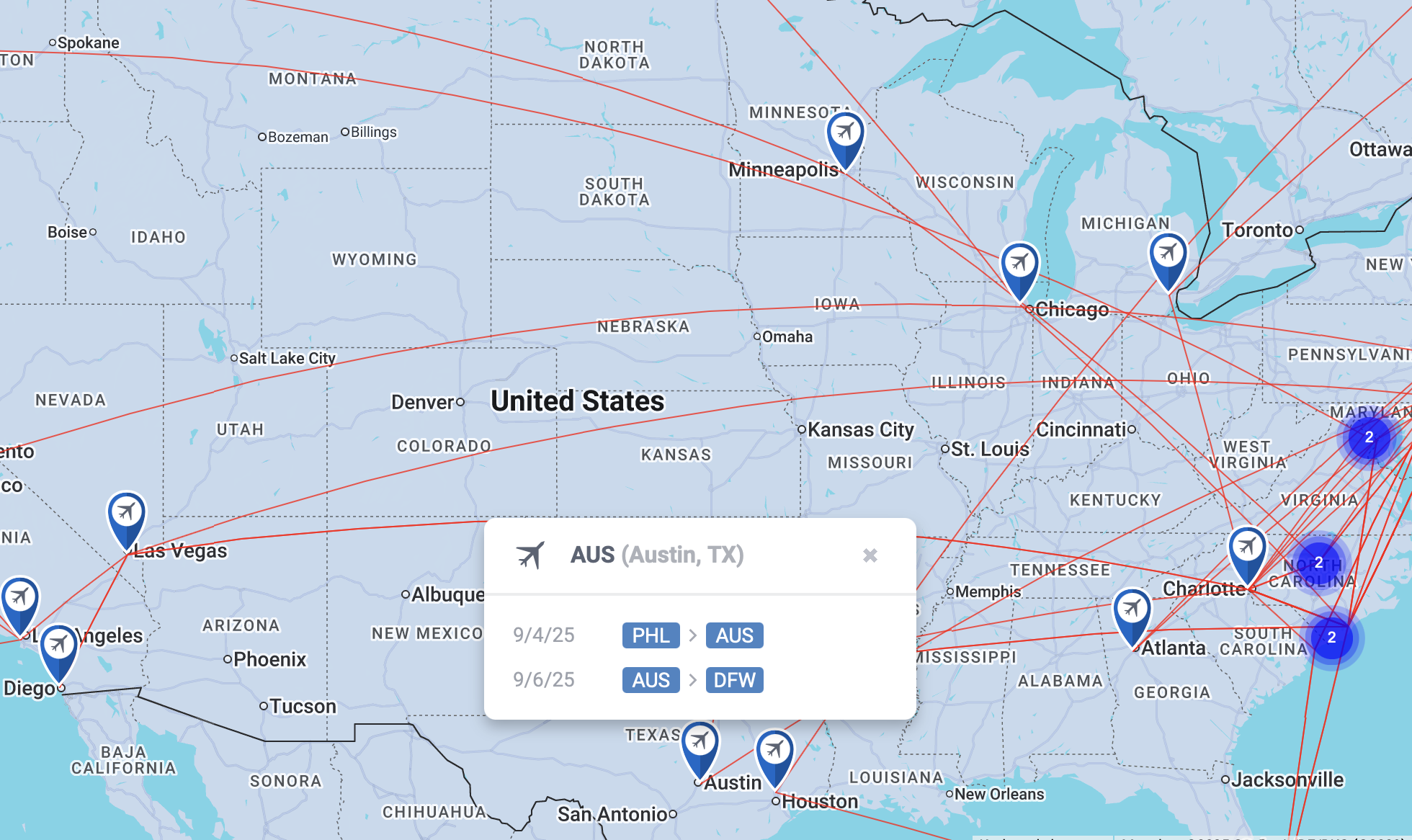 AwardWallet domestic travel map with an option to delete a trip.