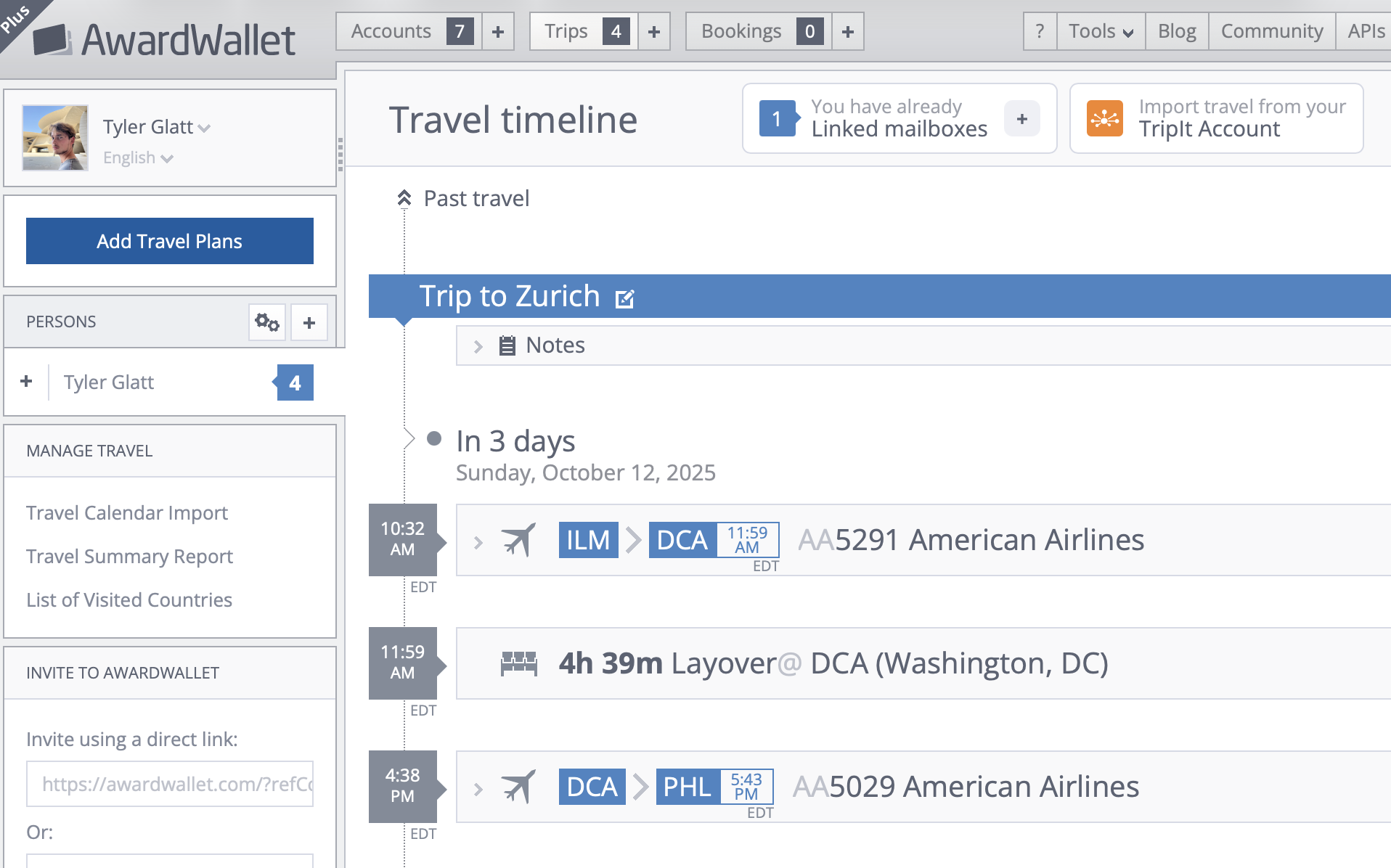 AwardWallet trips homepage.