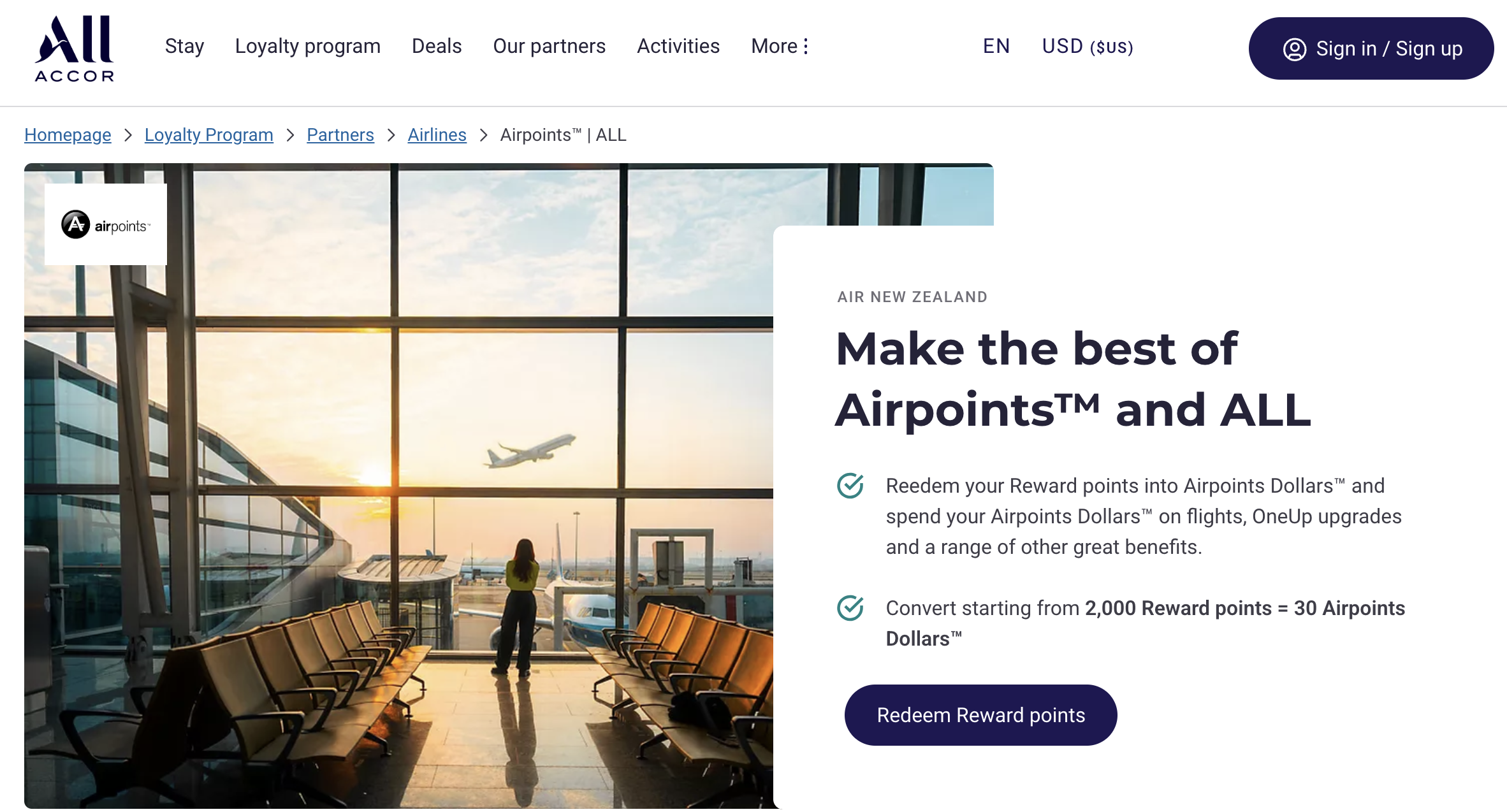 Accor/Air New Zealand partnership webpage.