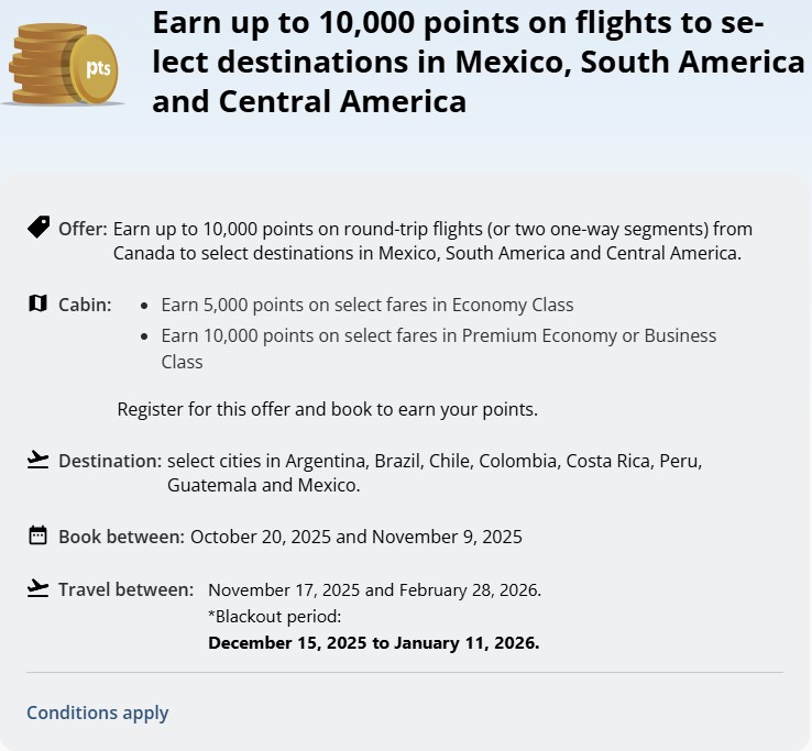 Air Canada 10,000 Points to Latin America Promotion