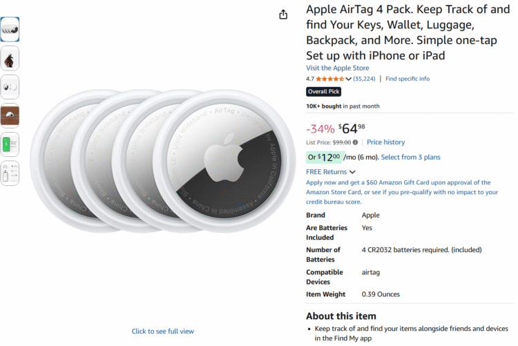 Screenshot of Amazon page for Apple AirTags discounted for Black Friday
