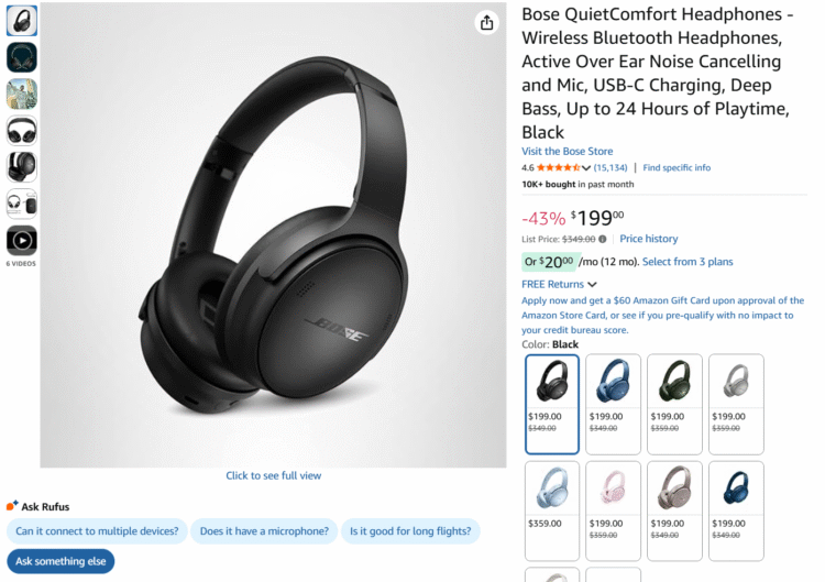 Screenshot of Amazon page for Bose QuietComfort Bluetooth Headphones discounted for Black Friday