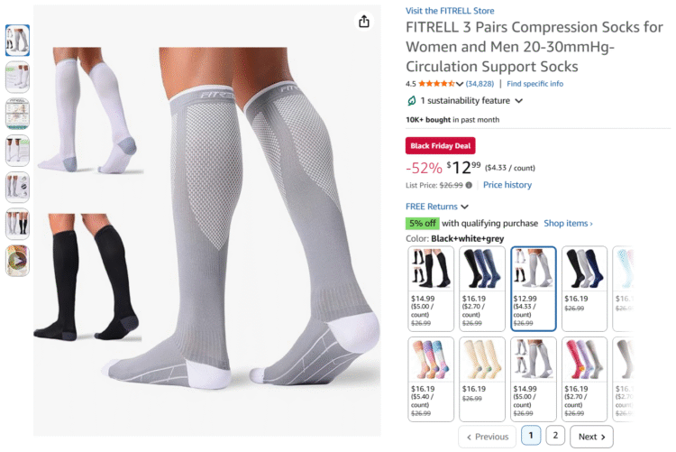 Screenshot of Amazon page for a three-pack of compression socks