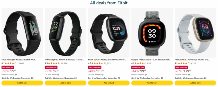 Screenshot of Amazon landing page of FitBit deals for Prime Black Friday Deals
