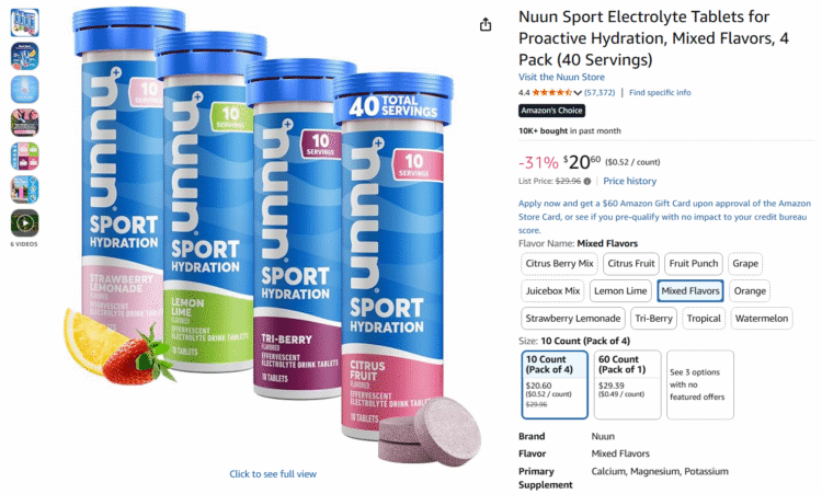 Screenshot of Amazon page for a four-pack of Nuun hydration tabs