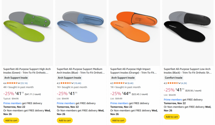 Screenshot of Amazon page with Superfeet insoles on sale